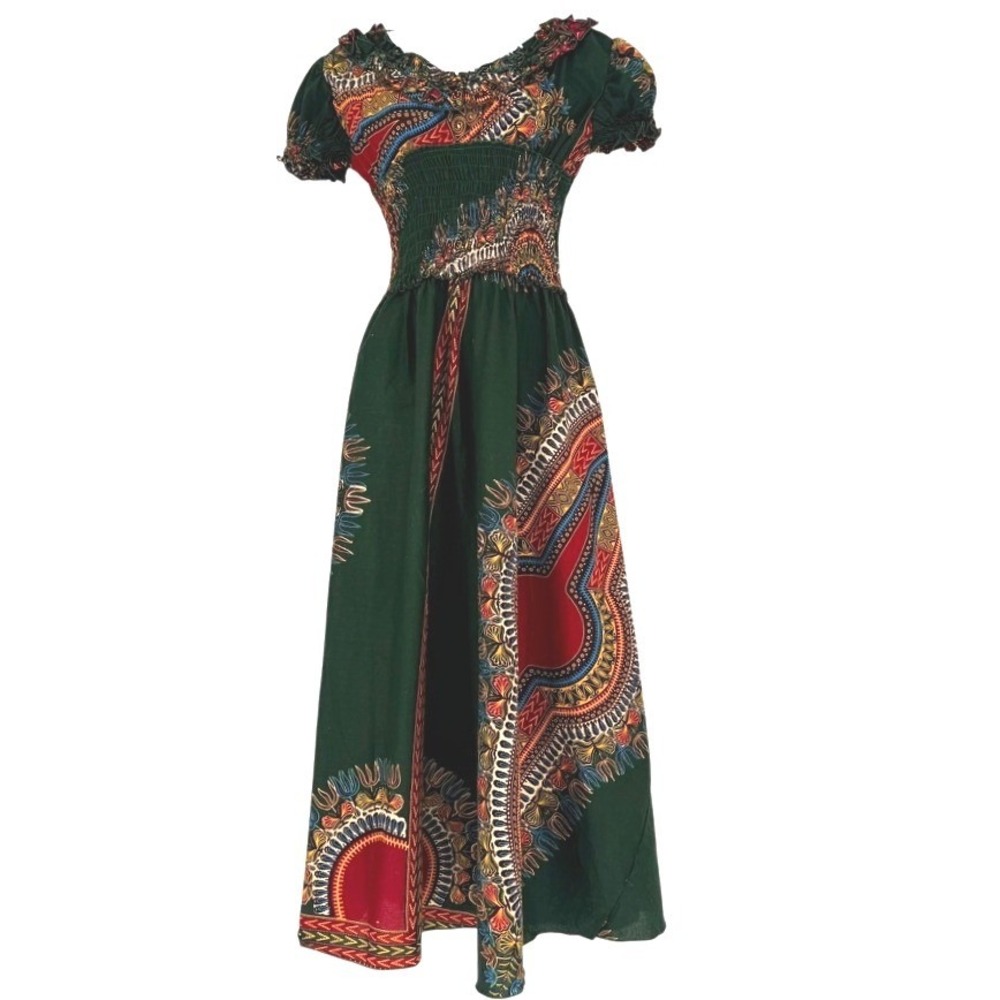 Green Dashiki‎ Print Maxi Dress Womens Smocked Waist Ruffle V-Neck Boho African